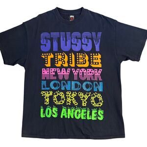VTG Stussy Tee Shirt Tribe Tour New York Tokyo London LA Graphic Y2K Black XL